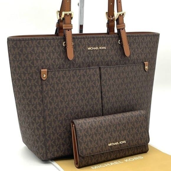 Michael Kors Double Packet Tote Bag & Trifold Wallet Brown - Picture 1 of 11